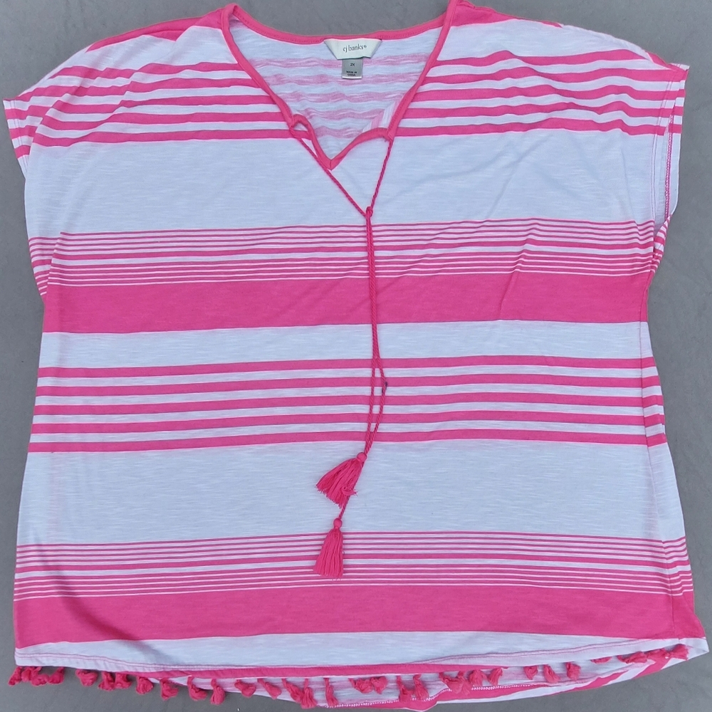 CJ Banks Sleeveless/Slight Cap Sleeve Pink/White Top w Tassels Sz 2X Ball Fringe
